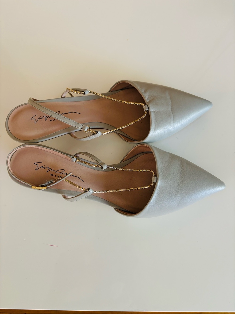 Giorgio Armani Metallic Silver Pointed Slingback Sandals, Size 38